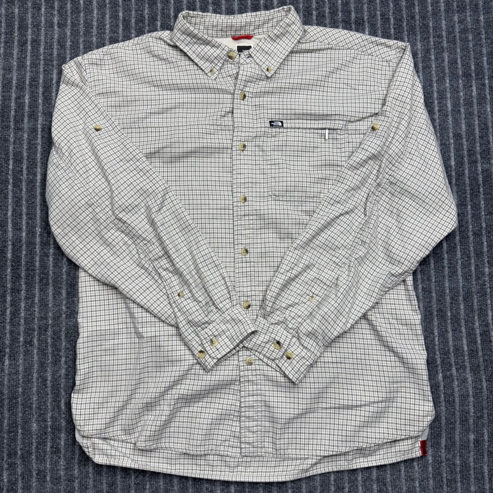 The North Face Button Down Shirt Large Gray Plaid Outdoor Hiking L/G (2178)